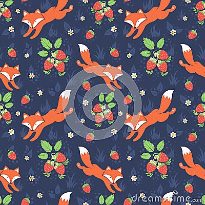 Foxes and wild strawberries seamless pattern Vector Illustration