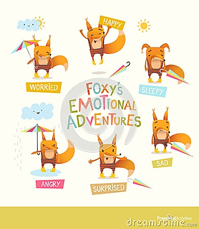 Foxy s emotional adventures. Cute cartoon fox in stripe pants expressing different feelings. Handling positive and Vector Illustration