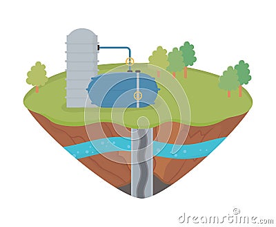 Fracking industry extraction tank oil soil layer water underground Vector Illustration