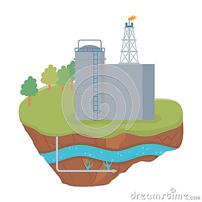 Fracking refinery oil rig soil layer water underground Vector Illustration