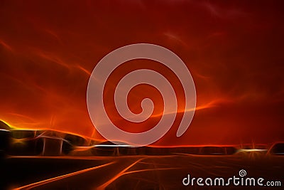 Fractal Background Texture. Fiery Sunset over the Airfield. Stock Photo