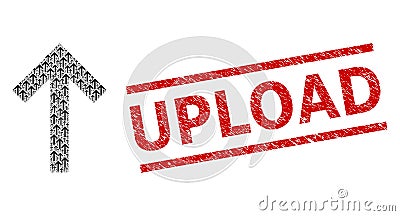 Up Arrow Recursive Mosaic of Up Arrow Icons and Scratched Upload Seal Vector Illustration