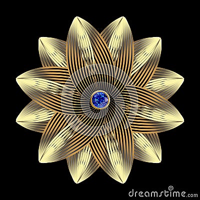 Fractal flower. Mandala. Gold round 3d fractal pattern. Floral jewelry mandala with blue sapphire gemstone. Beautiful vector lines Vector Illustration