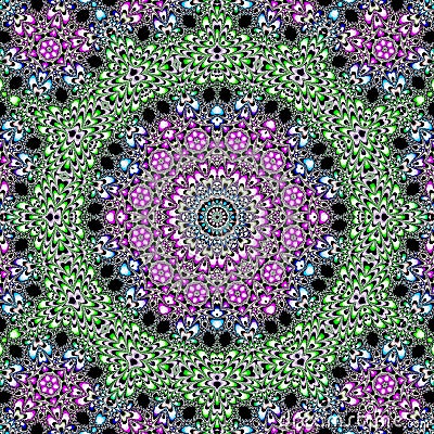 Psychedelic fractal kaleidoscope design on spheres and flowers made in green and violet colors on dark background Stock Photo