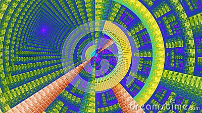 Fractal mechanical wheel decorated with various ornamental geometrical shapes, all in bright vivid green,purple,yellow,red Stock Photo