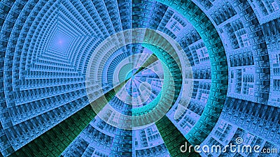 Fractal mechanical wheel decorated with various ornamental geometrical shapes, all in shining blue,cyan,green Stock Photo