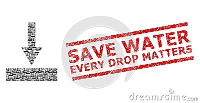 Move Bottom Fractal Mosaic of Move Bottom Icons and Distress Save Water Every Drop Matters Seal Vector Illustration