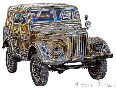 Fractal picture of old army jeep on white Stock Photo