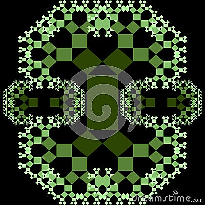 Fractal Pythagoras tree patterns, green ornament composed of small decreasing squares on black background, Vector Illustration