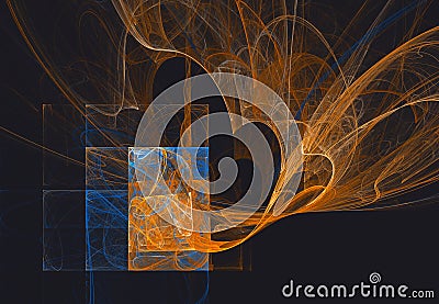 Fractals, abstract rectangles that emit orange lines and waves Stock Photo