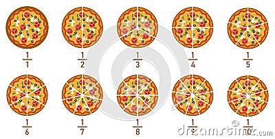 Fraction pizzas. Fraction for kids. Pizza slices. Fraction fun with pizza. Vector Illustration