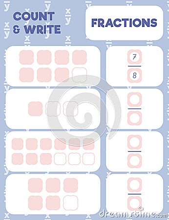 Fractions worksheet, math practice print page. Vector Illustration