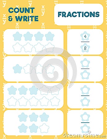 Fractions worksheet, math practice print page. Vector Illustration