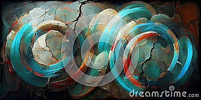 Fractured Circles: An Abstract Sculpture with Expressive Color and Stylized Stone Cladding Stock Photo