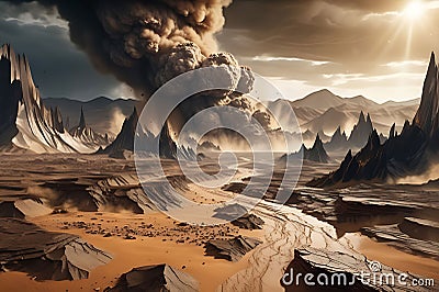 Fractured Terrain: Violently Rupturing Earth Tones Fiercely Dividing Across a Jagged Landscape, Dust and Chaos Unleashed Stock Photo