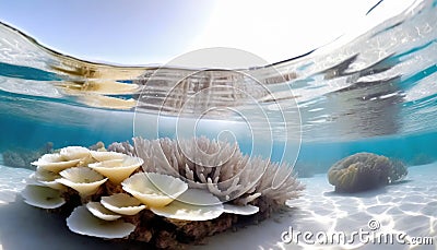 Fragile Ecosystem at the Brink. Over-underwater shot showing bleached coral, a stark indicator of ocean distress Stock Photo