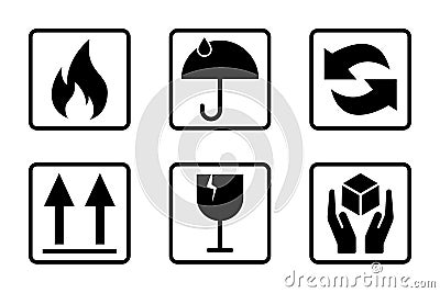Fragile icon set. Delivery box symbol. Glass and umbrella sign. Fragile box icons. Cardboard symbol in vector. Stock vector Vector Illustration