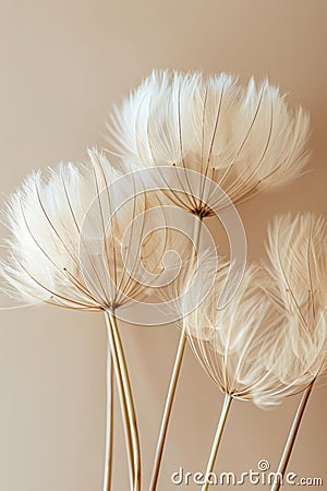 Fragile, lightweight dandelion fluff in pastel colors creating elegant minimalist background. Stock Photo