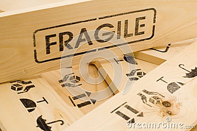 Fragile sign on wood box Stock Photo