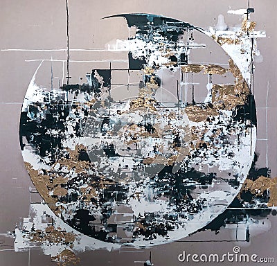 Fragment abstract oil paintings in black, white and gold colors. Stock Photo