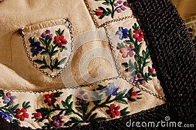 Fragment Ancient Hutsul keptar with embroidery. Short sleeveless fur coat Stock Photo