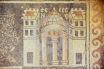 Fragment of the ancient Roman floor mosaic at the ruins of the Saint Stevens Church at an archeological site in Umm ar-Rasas. Stock Photo