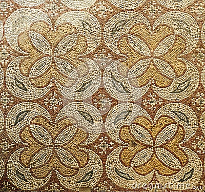 Fragment Ancient Roman Fresco Mosaic Tiles at Archaeological Ruins in The Moabite Border City of Madaba, Jordan Stock Photo