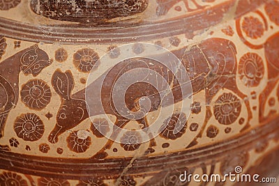 Fragment of ancient vase with traditional design and figures of animals, near 6th century BC. Found treasure of Italy Editorial Stock Photo