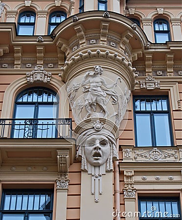 Fragment of Art Nouveau architecture style of Riga city. Stock Photo