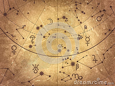 Fragment of Astronomical Celestial Atlas: Stars, Planets, Heavens. (Antique Selenium: grunge vintage remake). Stock Photo