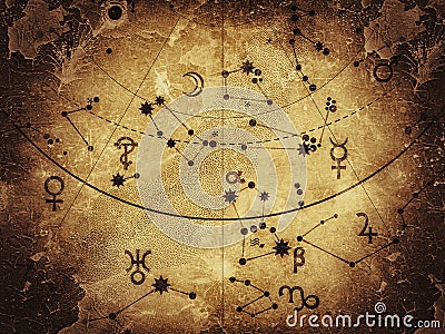 Fragment of Astronomical Celestial Atlas: Stars, Planets, Heavens. (Alternate grunge vintage remake: Antique version). Stock Photo
