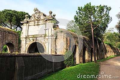 Fragment of Aurelian wall around Ancient Rome on Aurelia Antica street Stock Photo