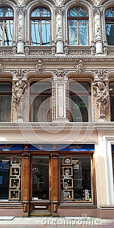 Fragment of baroque decoration of the courtyard of the historic building Passage, Odessa, Ukraine Editorial Stock Photo