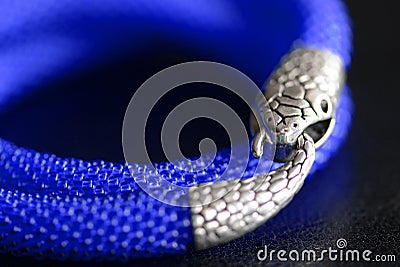 Fragment of a bead necklace with snake head lock on a dark background Stock Photo