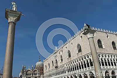 Fragment of beauty Saint Mark`s Basilica, Doge`s Palase and two columns with statue of lion of San Mark and of San Teodoro at Sa Stock Photo