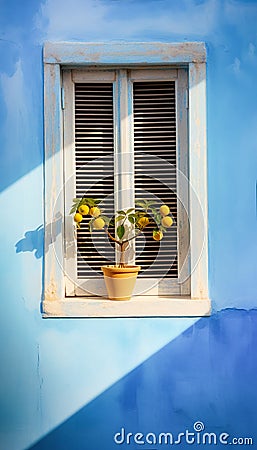 Fragment of blue wall of an old house with wooden window and potted orange tree. Mediterranean architecture style Stock Photo