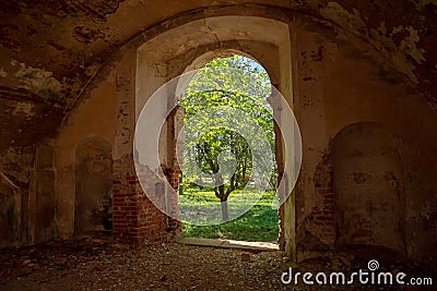 A fragment of a brick wall with a doorway. Stock Photo