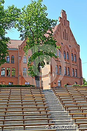 Fragment of the building of district court and ranks of an amphitheater. Braniewo, Poland Stock Photo