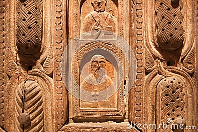 Fragment of carvings of the church gate, 11th century art from Lower Svaneti region. Georgian National Museum Editorial Stock Photo