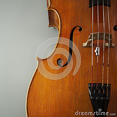 Fragment of cello or violin on gray background with place for text Stock Photo