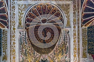 Fragment of decor with peacock on ceramic fountain, Turkey Editorial Stock Photo