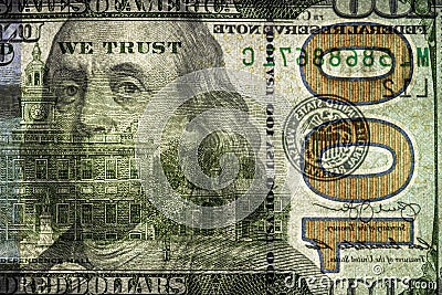 fragment of 100 dollar banknote with visible details of banknote reverse Stock Photo