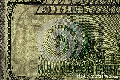 fragment of 100 dollar banknote with visible details of banknote reverse Stock Photo