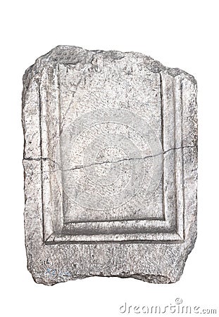Fragment of empty antique large square plaque of stone with irregular edges and inside carved frame texture isolated on white Stock Photo