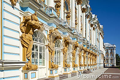 Fragment of the facade of the Great Catherine Palace in Tsarskoye Selo Editorial Stock Photo