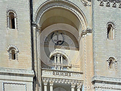 Birzebbugia, Malta, August 2019. Fragment of the pediment of the Catholic Cathedral. Editorial Stock Photo