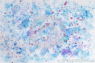 Fragment of hand painted watercolor, Blue and purple vivid multicolored spots on white paper, spring, winter shades Stock Photo