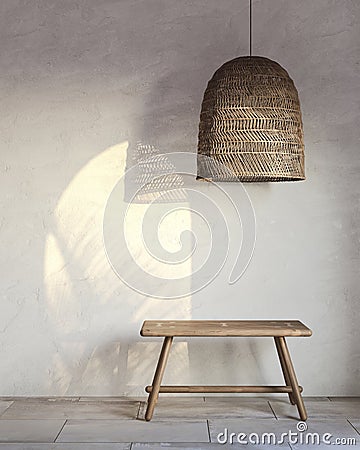 Fragment of an interior with a wicker lampshade and a wooden bench with incident light. 3d rendering Stock Photo