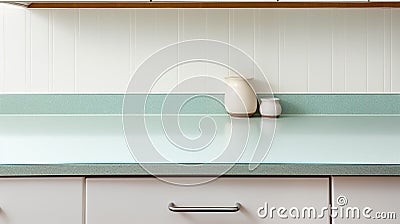 Fragment of kitchen interior in pastel colors mid-century style. Empty counter top with jars drawers cupboards Stock Photo
