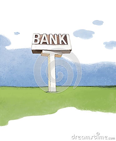 Fragment of the landscape, a green field under a blue sky with a picture of a concrete pillar with the inscription BANK. Raster Cartoon Illustration